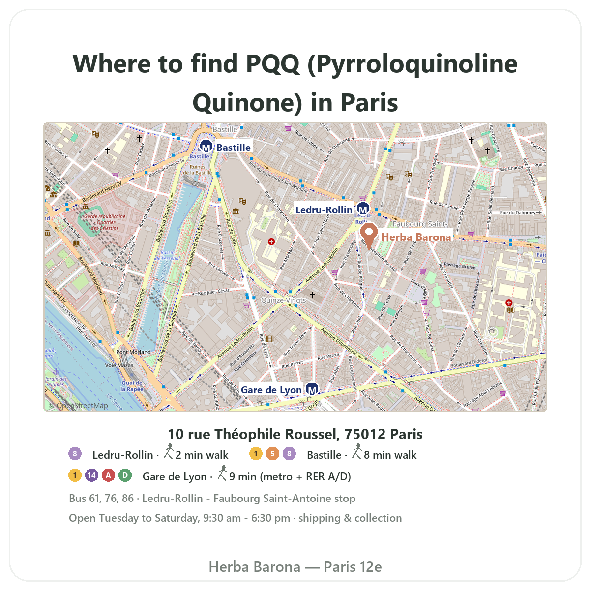 Find PQQ in Paris - map to Herba Barona shop Paris 12th