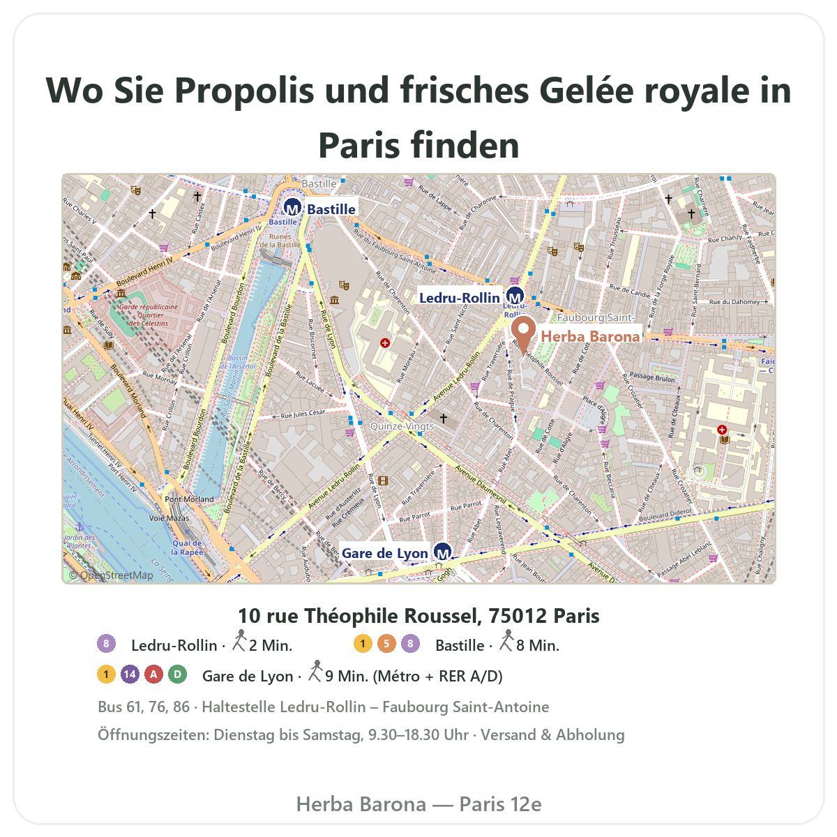 Propolis und Gelée royale in Paris finden - Lageplan Herba Barona Paris 12e