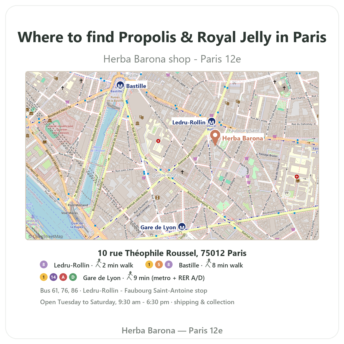Finding propolis and royal jelly in Paris - shop map Herba Barona Paris 12th