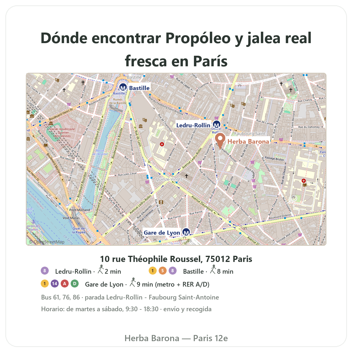 Cómo encontrar Propóleo y jalea real fresca en París - plano de la tienda Herba Barona París 12e
