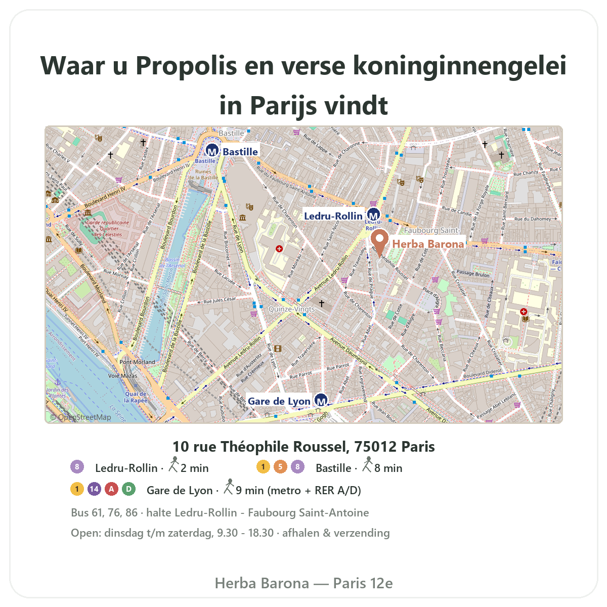 Propolis en koninginnengelei vinden in Parijs - plattegrond winkel Herba Barona Parijs 12e