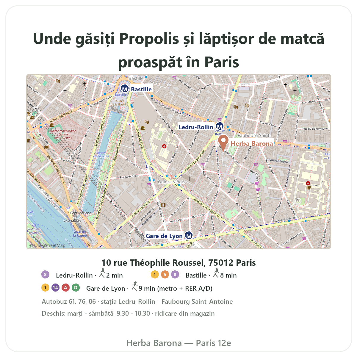 Cum găsiți propolis lăptișor de matcă la Paris - plan magazin Herba Barona Paris, arondismentul 12
