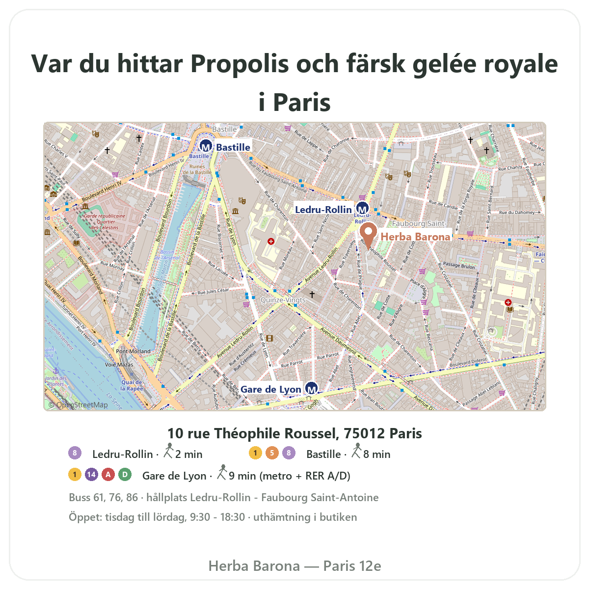 Hitta propolis och gelée royale i Paris - karta butik Herba Barona Paris 12e