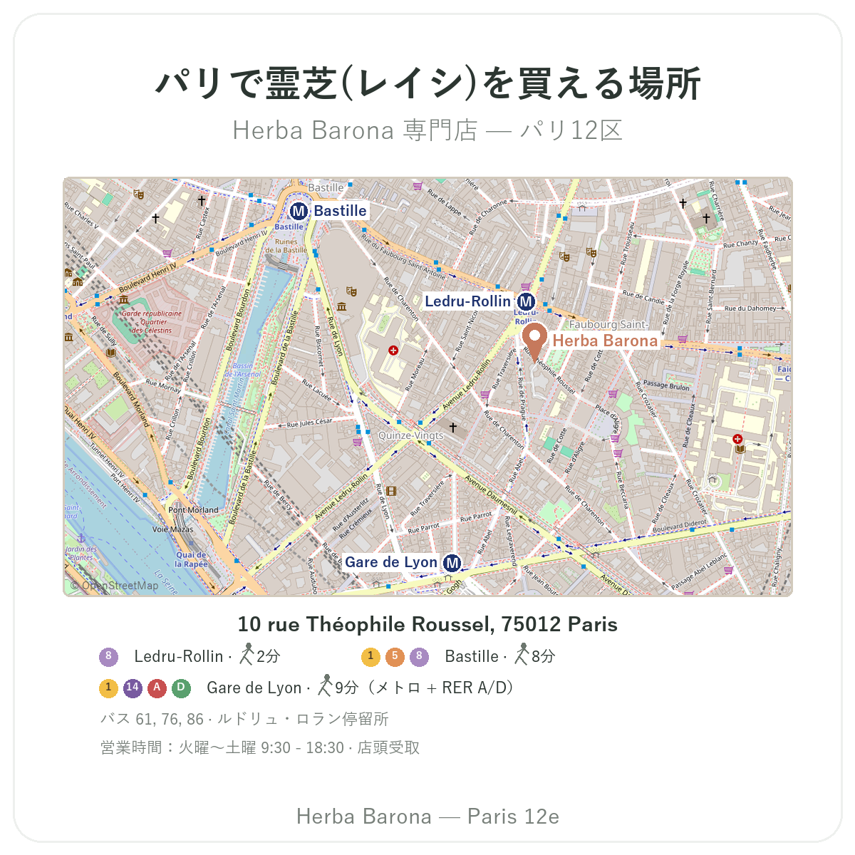 パリで霊芝を探す - Herba Barona店舗地図 パリ12区