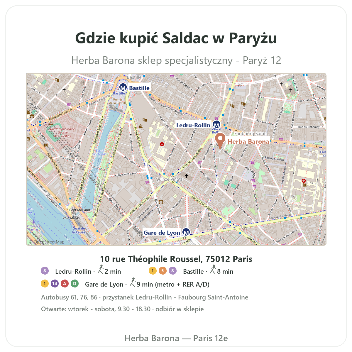 Jak znaleźć Saldac w Paryżu — plan sklepu Herba Barona Paris 12e metro Ledru-Rollin Gare de Lyon
