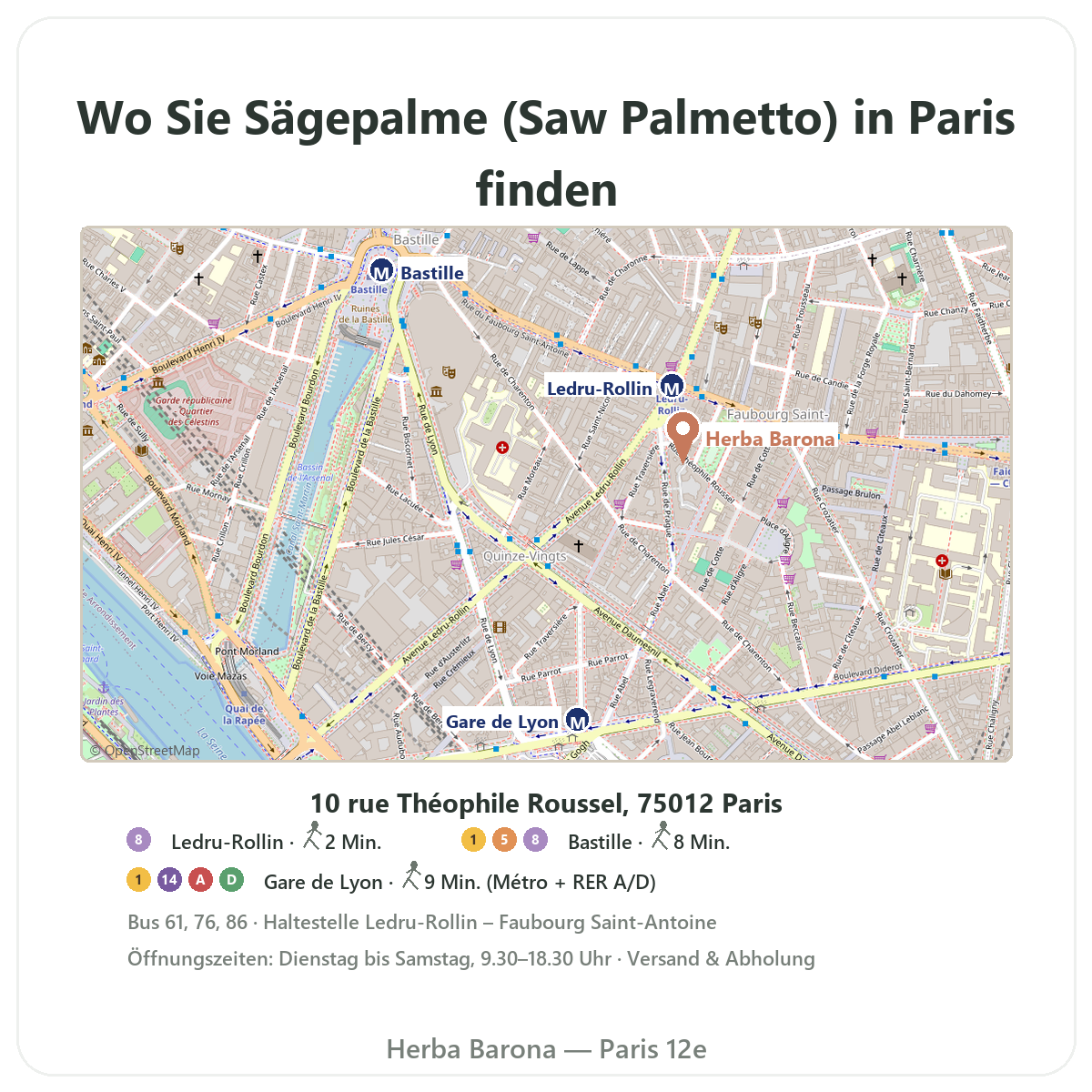 Sägepalme in Paris finden – Lageplan Herba Barona Paris 12e