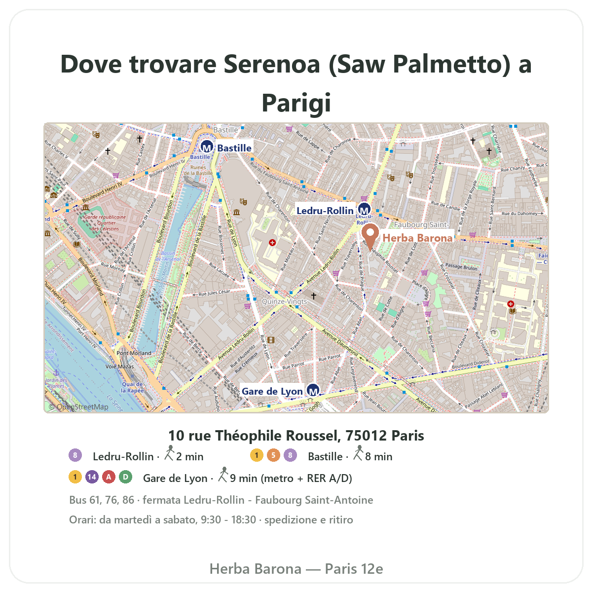 Trouver Saw Palmetto Paris a Paris - plan boutique Herba Barona Paris 12e