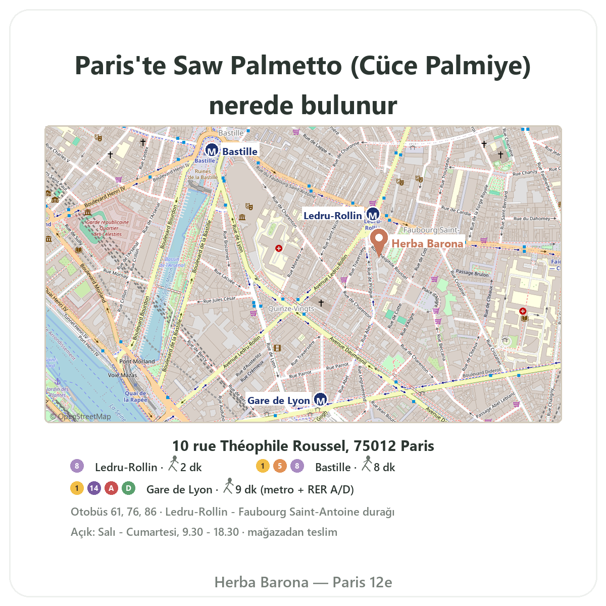 Paris’te Saw Palmetto’yu bulun — Herba Barona Paris 12. bölge mağaza planı