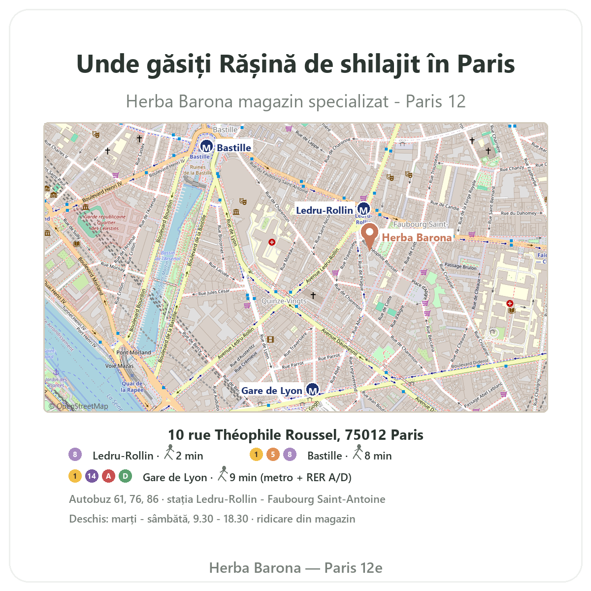 Cum găsiți rășina de shilajit Paris la Paris - plan magazin Herba Barona, arondismentul 12