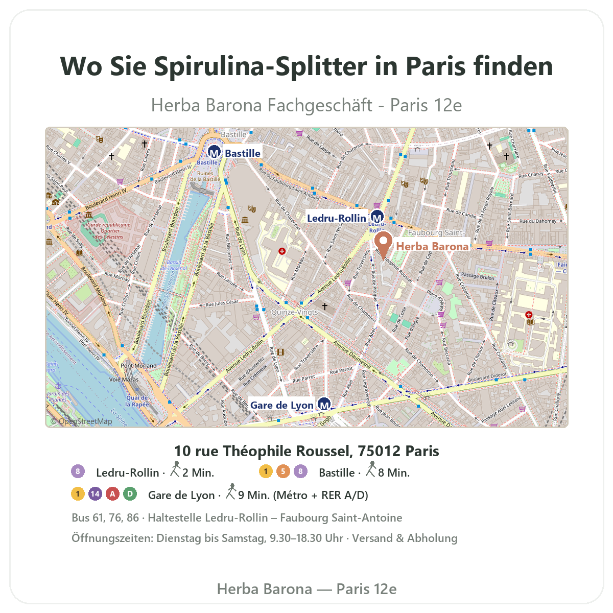 Spirulina-Splitter in Paris finden - Lageplan Herba Barona Paris 12e