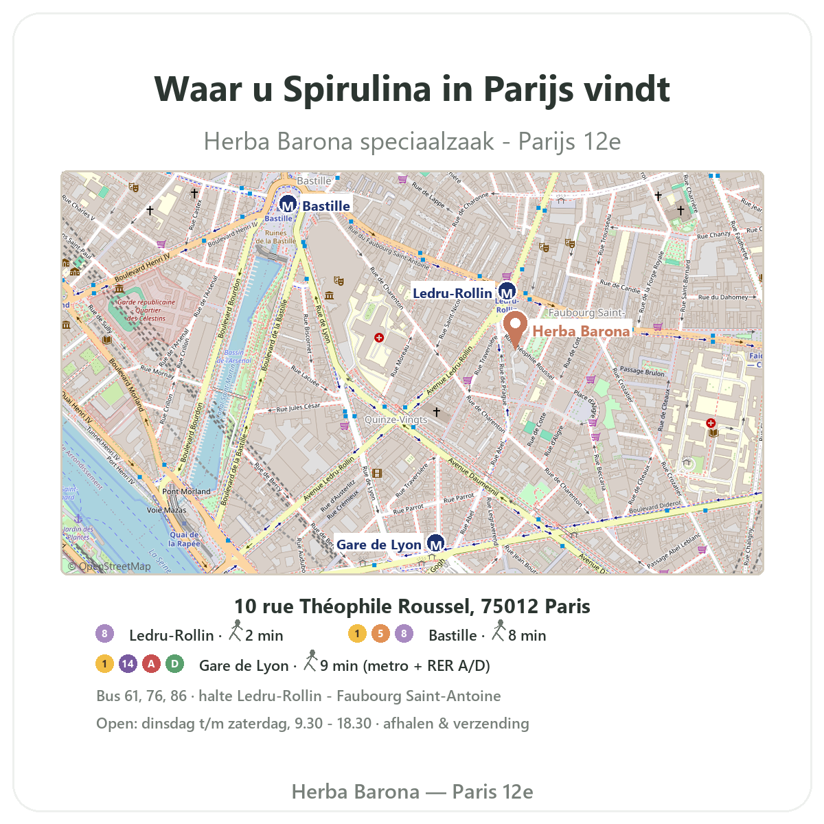 Spirulina vinden in Parijs - winkelplattegrond Herba Barona Parijs 12e
