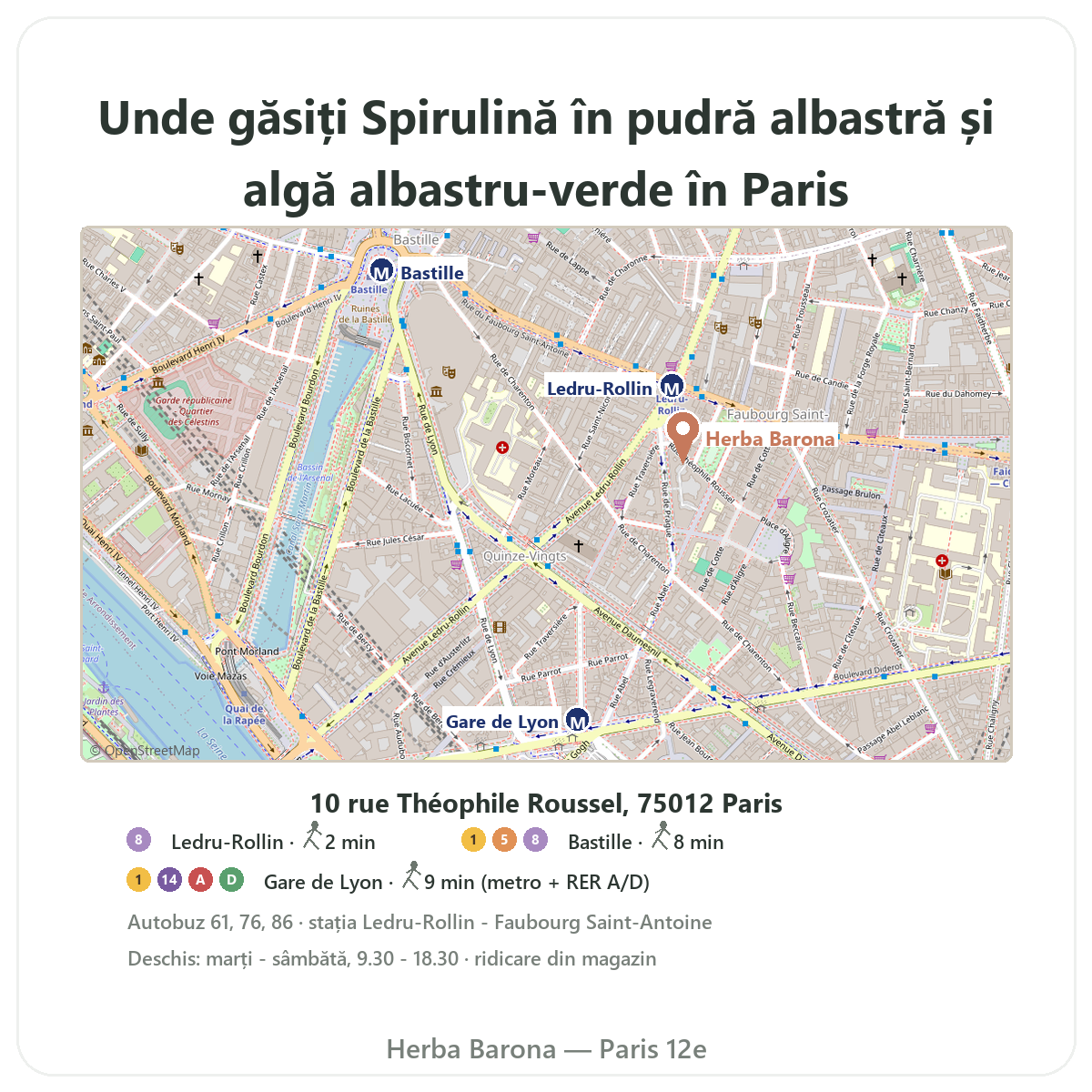 Cum găsiți Spirulină pudră Paris la Paris - plan magazin Herba Barona Paris, arondismentul 12
