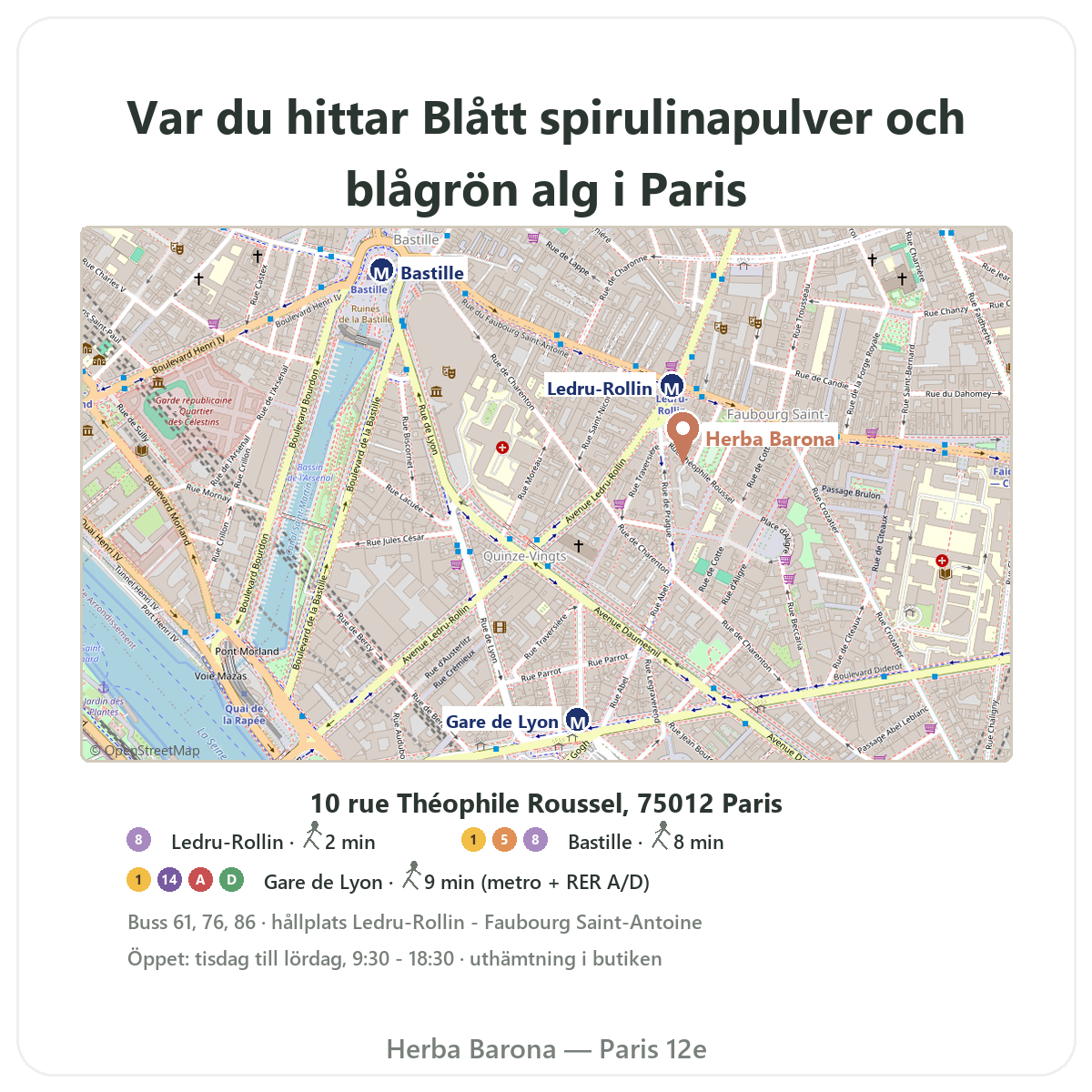Hitta blått spirulinapulver i Paris – karta över butiken Herba Barona Paris 12e