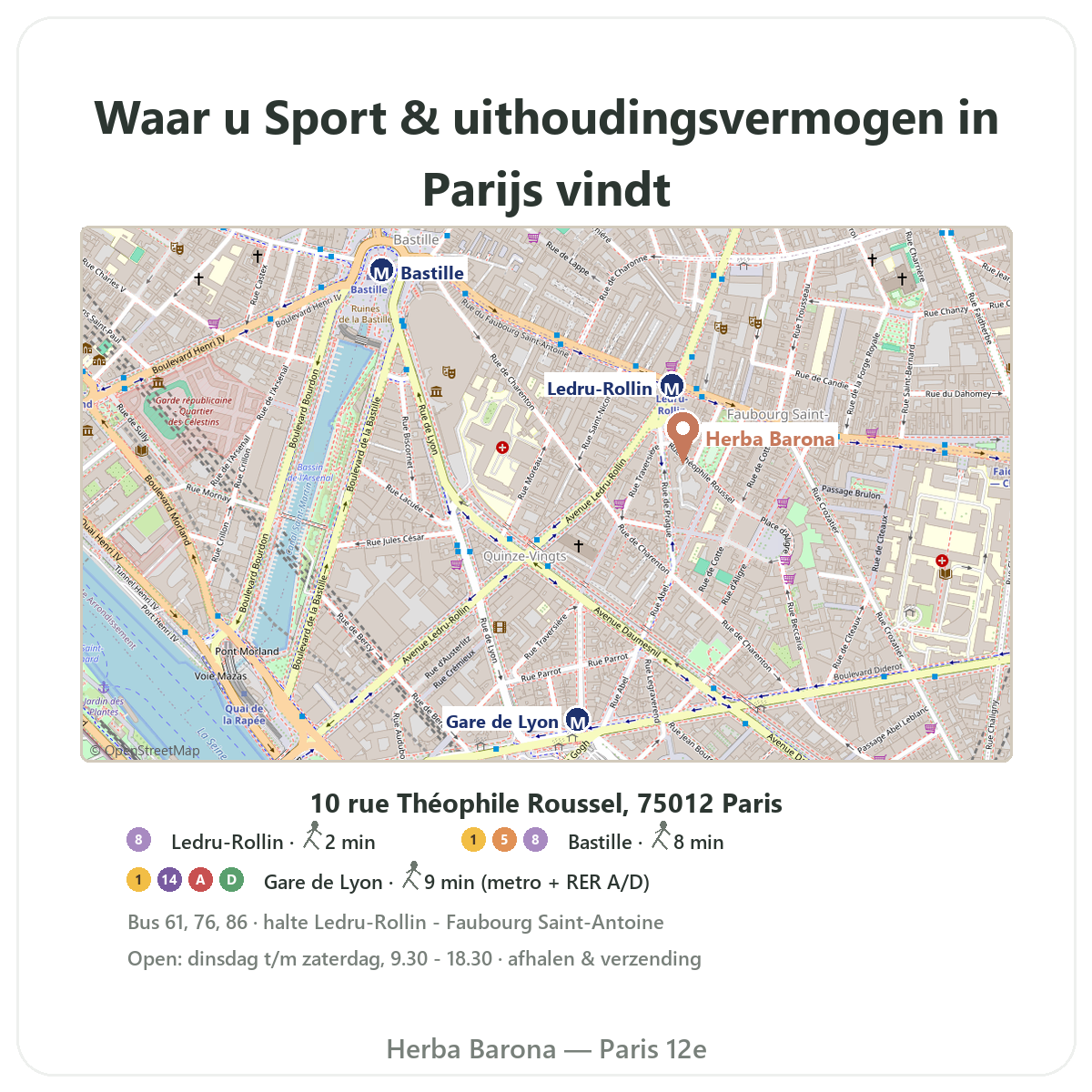 Trouver Complements sport et endurance a Paris - plan boutique Herba Barona Paris 12e metro Ledru-Rollin