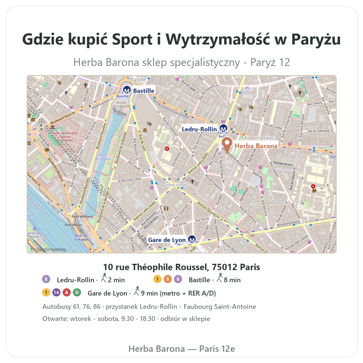 Jak znaleźć suplementy sportowe w Paryżu - plan sklepu Herba Barona Paris 12e metro Ledru-Rollin