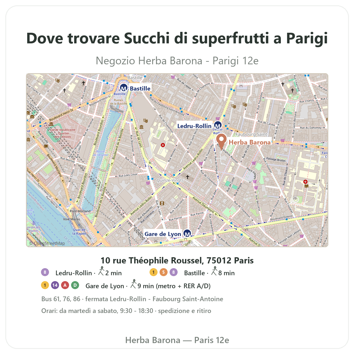 Trovare i succhi di superfrutti a Parigi - piantina del negozio Herba Barona Parigi 12e