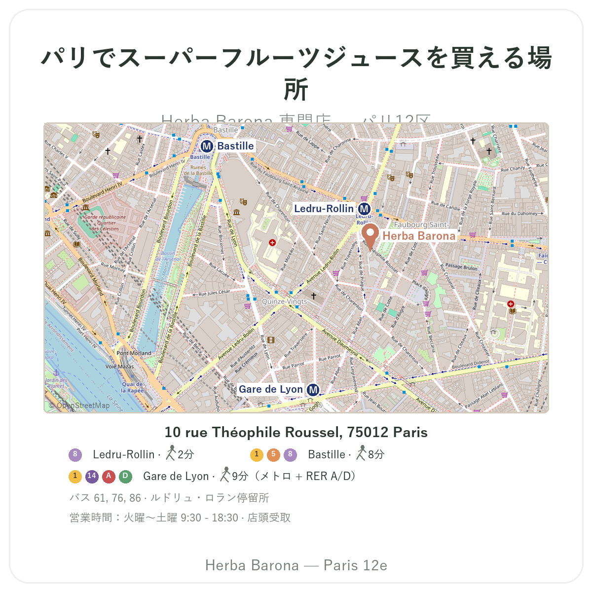 パリでスーパーフルーツジュースを見つける — Herba Barona パリ12区 店舗案内図