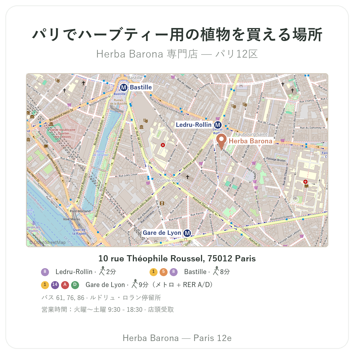 パリでハーブティー用植物 パリを見つける - Herba Baronaパリ12区の店舗案内図