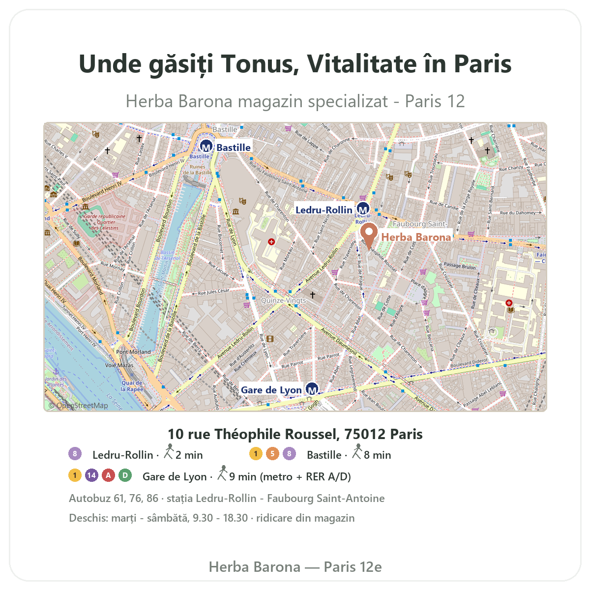 Cum găsiți Tonus vitalitate energie Paris la Paris - plan magazin Herba Barona Paris, arondismentul 12