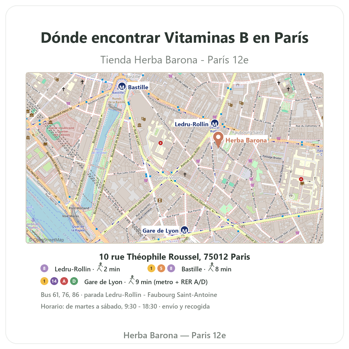 Encontrar Vitaminas B en Paris - plano tienda Herba Barona Paris 12e metro Ledru-Rollin