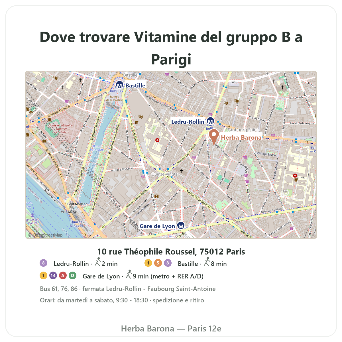 Trovare le vitamine del gruppo B a Parigi - piantina del negozio Herba Barona Paris 12e metro Ledru-Rollin