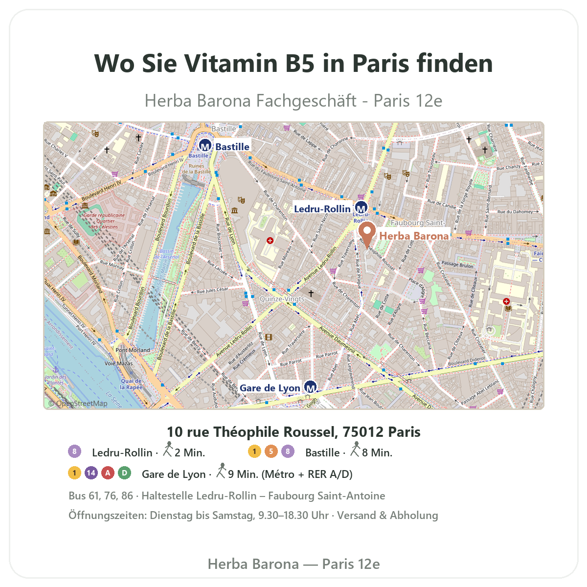 Vitamin B5 Paris finden - Lageplan des Geschäfts Herba Barona Paris 12e