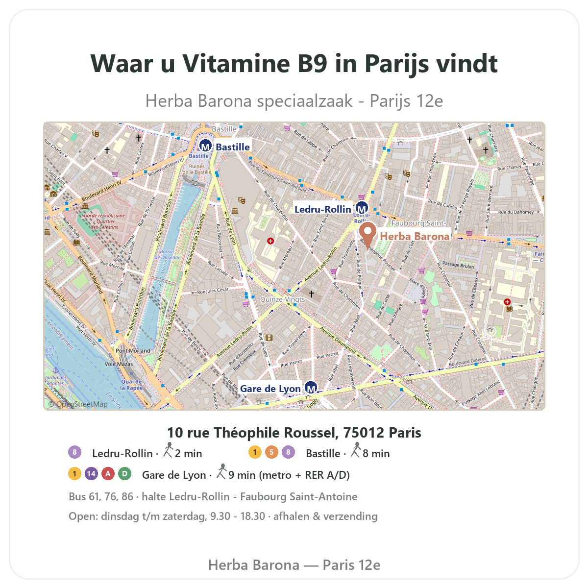 Vitamine B9 vinden in Parijs - plattegrond winkel Herba Barona Parijs 12e