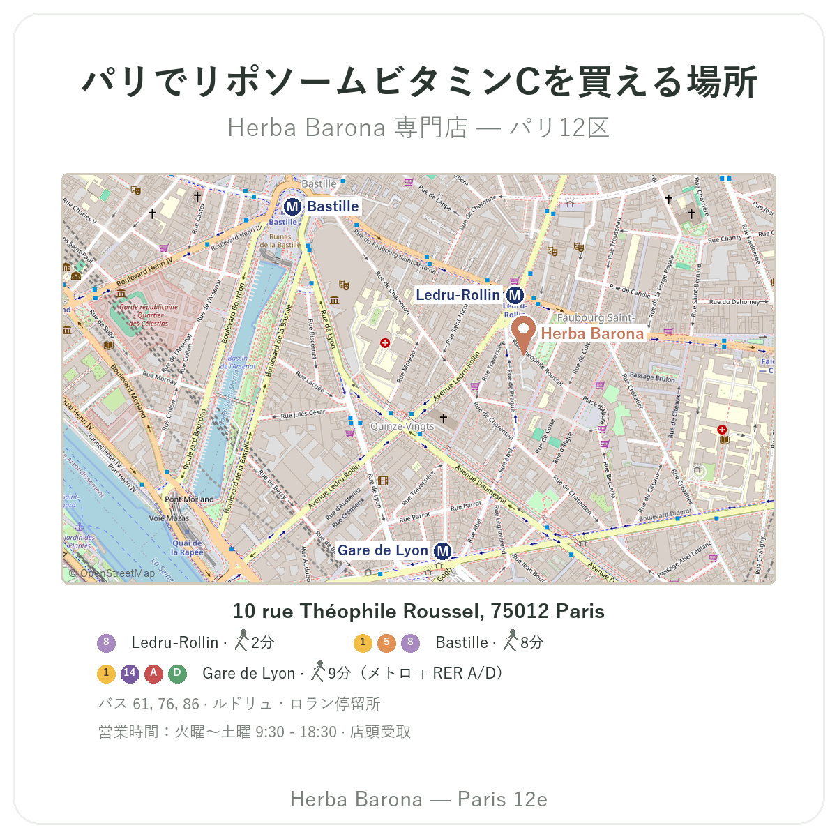 パリでリポソームビタミンCを見つける - Herba Barona パリ12区 店舗案内図