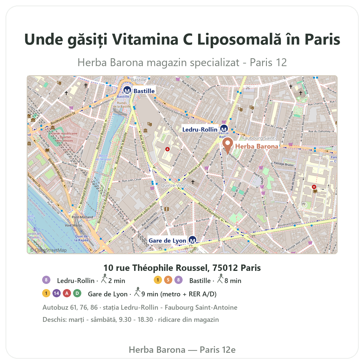 Găsiți Vitamina C liposomală Paris la Paris - planul magazinului Herba Barona Paris 12e