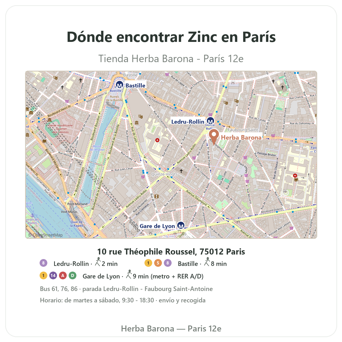 Cómo encontrar Zinc en París - plano de la tienda Herba Barona París 12e metro Ledru-Rollin