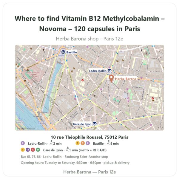 Where to find Vitamin B12 Methylcobalamin – Novoma – 120 capsules in Paris - store map Herba Barona Paris 12e