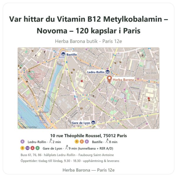 Var hittar du Vitamin B12 Metylkobalamin – Novoma – 120 kapslar i Paris - butikskarta Herba Barona Paris 12e