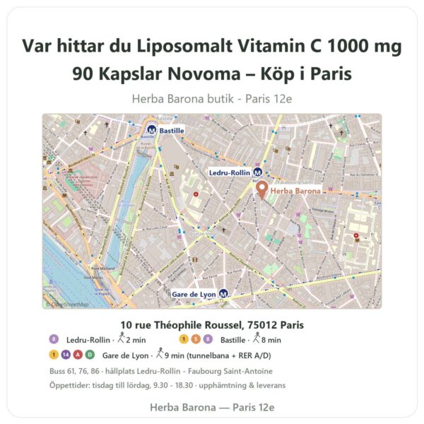 Var hittar du Liposomalt Vitamin C 1000 mg 90 Kapslar Novoma – Köp i Paris - butikskarta Herba Barona Paris 12e