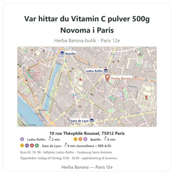 Var hittar du Vitamin C pulver 500g Novoma i Paris - butikskarta Herba Barona Paris 12e