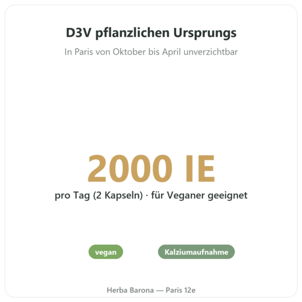 Vitamin D3 pflanzlich D3V® – Novoma – 2000 I.E. – 120 Kapseln Vorteile und Fakten Paris Herba Barona