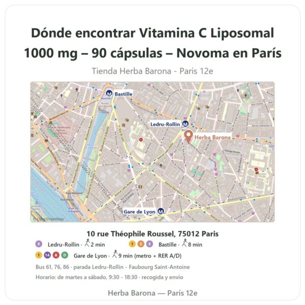 Dónde encontrar Vitamina C Liposomal 1000 mg – 90 cápsulas – Novoma en París - plano de la tienda Herba Barona Paris 12e