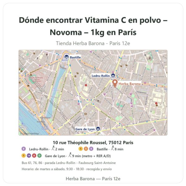 Dónde encontrar Vitamina C en polvo – Novoma – 1kg en París - plano de la tienda Herba Barona Paris 12e