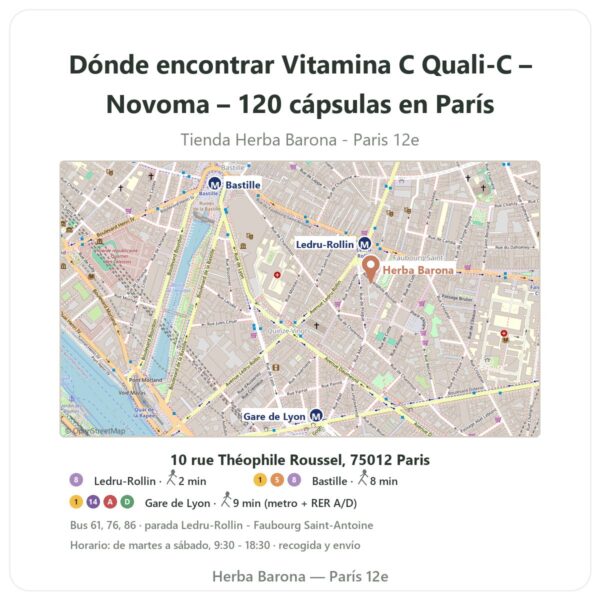 Dónde encontrar Vitamina C Quali-C – Novoma – 120 cápsulas en París - plano de la tienda Herba Barona Paris 12e