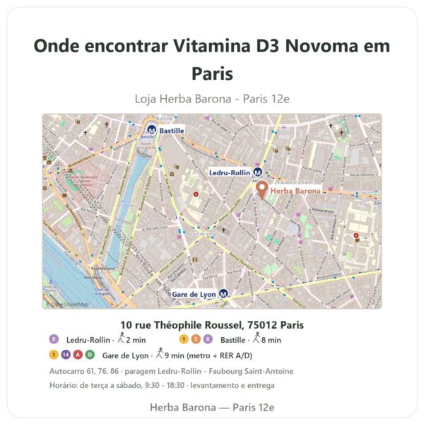 Onde encontrar Vitamina D3 Novoma em Paris - mapa da loja Herba Barona Paris 12e