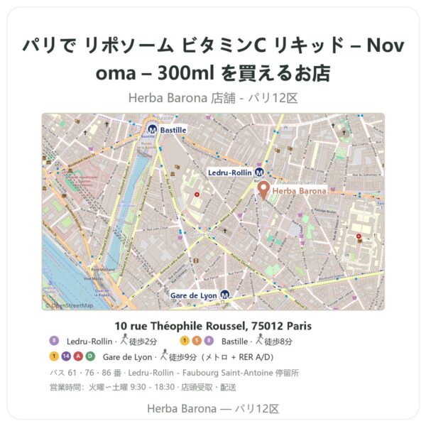 Where to find リポソーム ビタミンC リキッド – Novoma – 300ml in Paris - store map Herba Barona Paris 12e