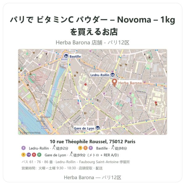 Where to find ビタミンC パウダー – Novoma – 1kg in Paris - store map Herba Barona Paris 12e
