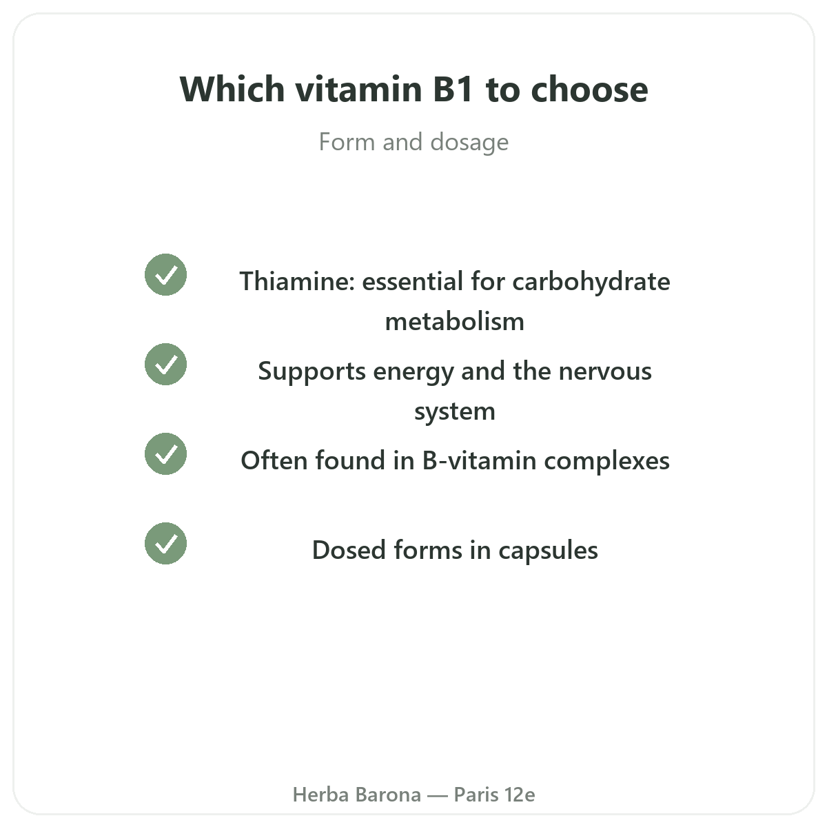 Vitamin B1 in Paris - quality commitments at Herba Barona Paris 12th