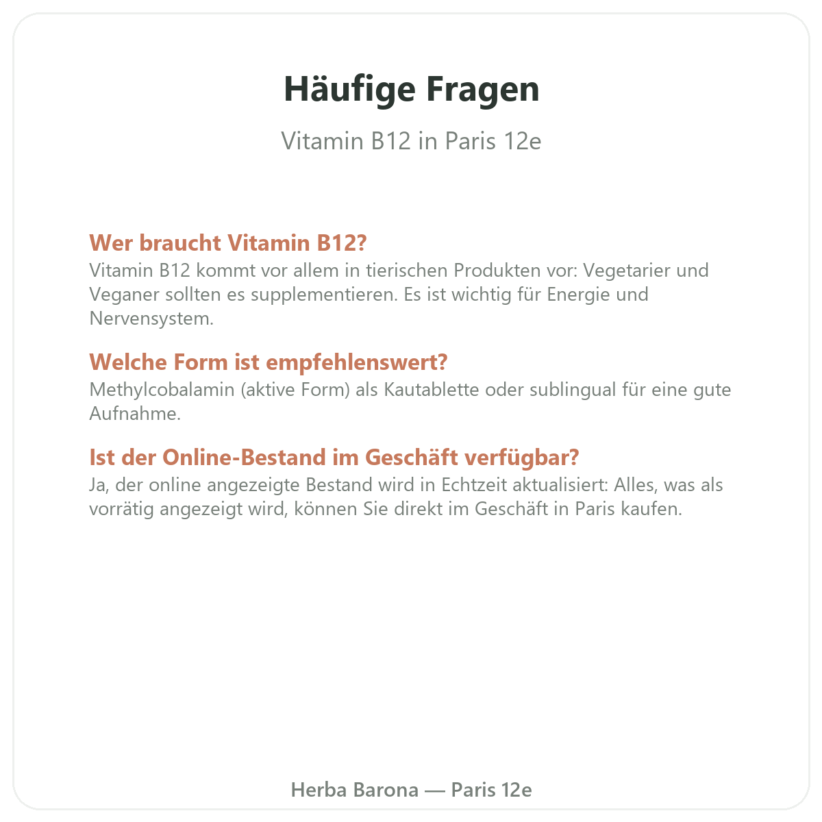 Häufige Fragen zu Vitamin B12 in Paris – Herba Barona Paris 12e