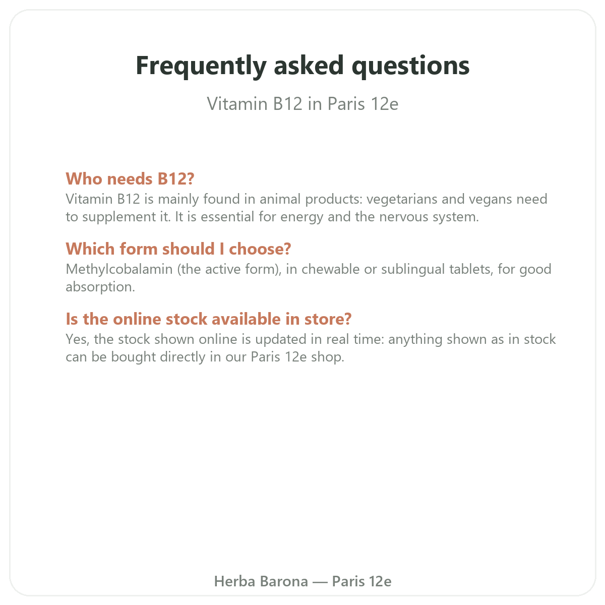 Frequently asked questions Vitamin B12 in Paris - Herba Barona Paris 12e