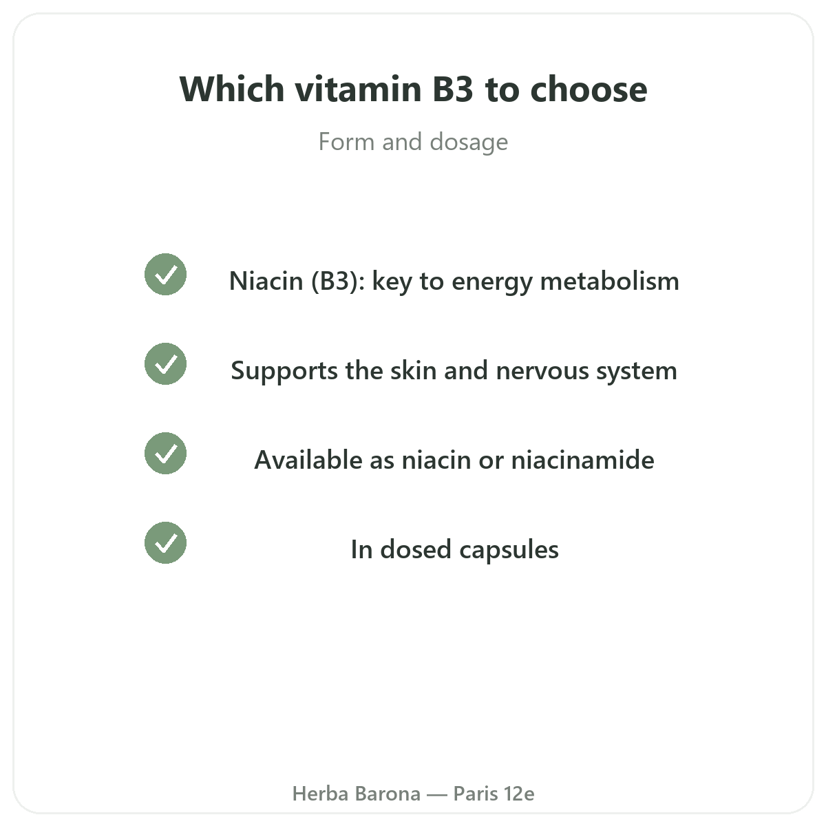 Vitamin B3 in Paris - quality commitments at Herba Barona Paris 12th
