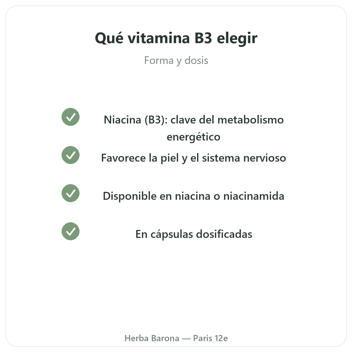 Vitamina B3 en París - compromisos de calidad en Herba Barona París 12e