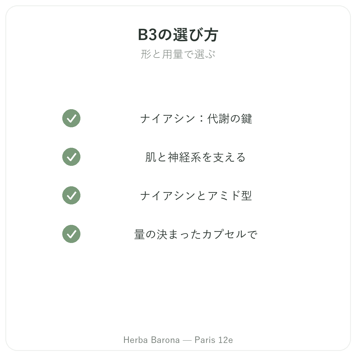ビタミンB3 パリ - Herba Baronaの品質への取り組み パリ12区