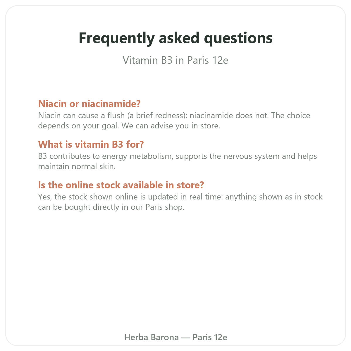 Frequently asked questions about Vitamin B3 in Paris - Herba Barona Paris 12th