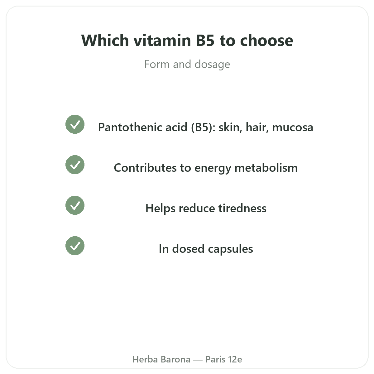 Vitamin B5 in Paris - quality commitments at Herba Barona Paris 12th