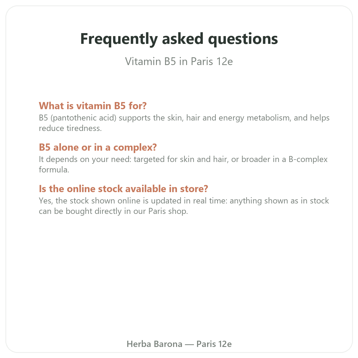 Frequently asked questions about Vitamin B5 in Paris - Herba Barona Paris 12th